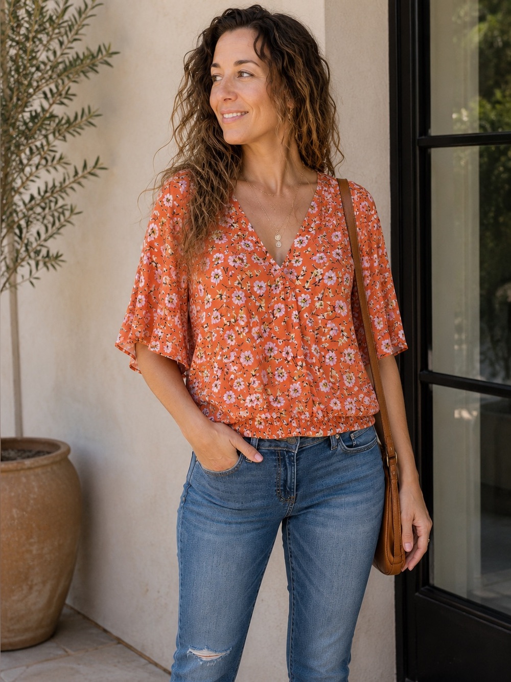 Sanctuary Top Orange Floral Derona Surplice Blouse Short Sleeve NWT